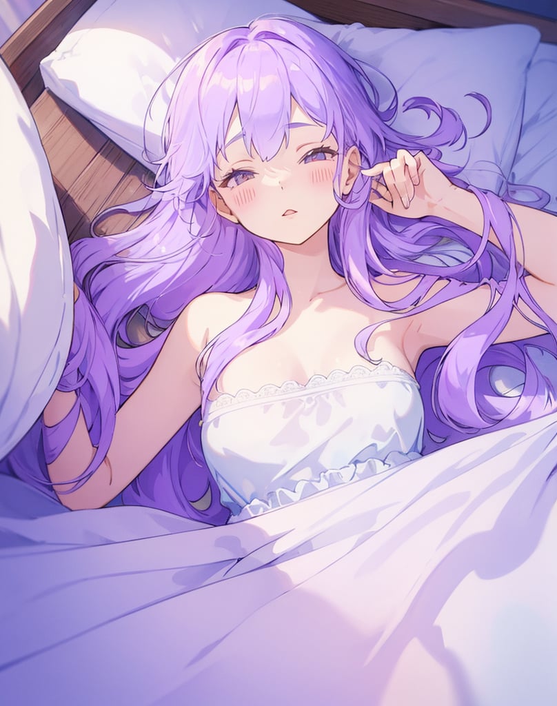 Masterpiece, Top Quality, High Definition, Artistic Composition,1 girl, light purple hair, long hair - thin eyes open, sleepy, morning sun, bed, wrapped in white sheets, elegant, beautiful morning, from above, lying in bed, pleasant, pastel colors, large sheets
,girl