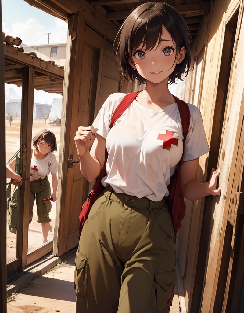 masterpiece, top quality, high definition, artistic composition, 1 woman, red cross, medical staff, shirt, olive pants, busy working, displaced persons camp, short hair, tan, dramatic, film style, wide shot, dusty, hot sun, smiling, reaching out, stoop