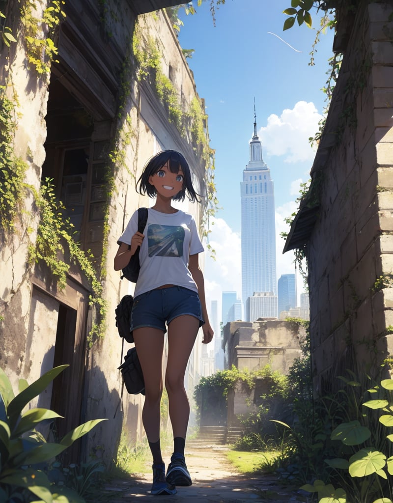 (masterpiece, top quality), high definition, artistic composition, 2 girls, walking, strolling, t-shirt, shorts, trekking shoes, backpack, smiling, looking away, talking, smiling, ruins, building area, crumbling and decaying structure, lots of plants, ivy covered, Blue sky, bold composition, looking back, summer, New York, big gesture, excited, from front