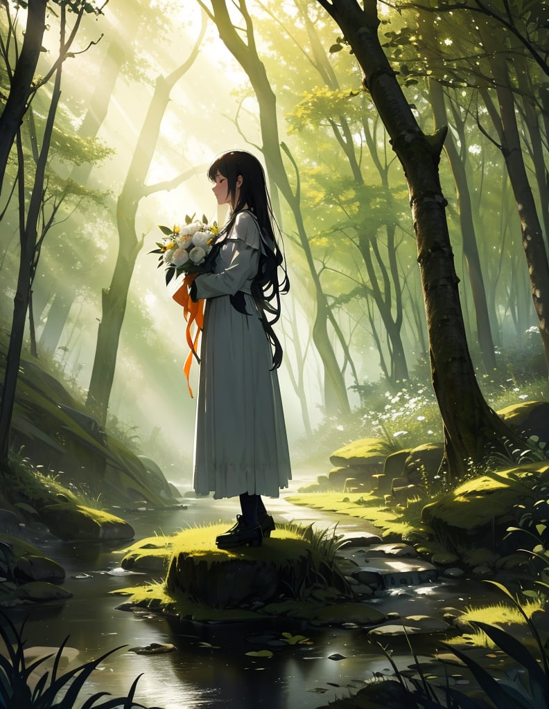 Masterpiece, Top Quality, High Definition, Artistic Composition, One Girl, Offering White Bouquet, From Side, Dirty Rough Clothes, Orange Ribbon, Looking Away, Mossy Statue of a Brave Man, In Forest, Light Shining, Impressive Light, Dramatic, Fantasy, High Contrast