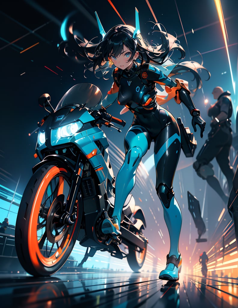 Masterpiece, Top Quality, High Definition, Artistic Composition, 1 girl, riding a bicycle, pedaling, orange and cyan futuristic battle suit, body suit, android, blue accent color, motion blur, dynamic, moving, bold composition, battlefield