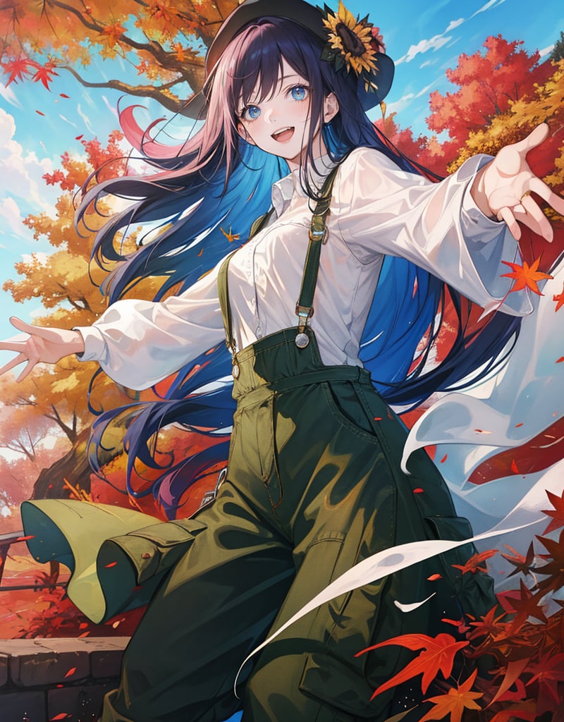 (masterpiece, top quality), high definition, artistic composition, 1 woman, long hair, hands outstretched, white shirt, khaki overalls, frolicking, open mouth smile, spinning, from below, cowboy shot, Dutch angle, autumn sky, country fashion, vibrant, bold composition