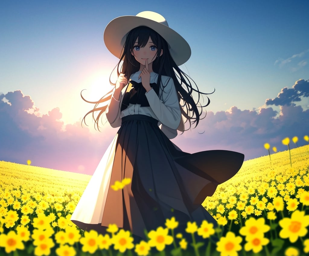 (masterpiece, top quality), 1 girl, high definition, artistic composition, portrait, field of rape blossoms, woman in white dress, wide-brimmed hat, hands behind body, open-mouthed smile, spinning, posing, looking at you, wide shot, bending forward, mature, dusk, striking sky, from below,<lora:659111690174031528:1.0>