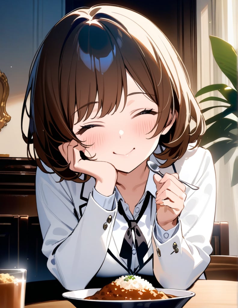 Masterpiece, Top Quality, High Definition, Artistic Composition,1 girl, brown hair, smiling with eyes closed, rapt, blushing, wavy hair in bob cut, white blazer, school uniform, black ribbon across chest, eating curry rice at table, holding spoon, hand on cheek, girlish gestures, Dining table, dining room, portrait, homely