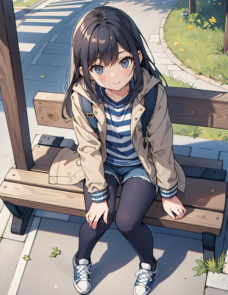 Masterpiece, Top quality, High definition, Artistic composition, One girl, khaki jacket, navy blue and white striped trainers, jean shorts, gray tights, black sneakers, from above, looking up, proud face, sitting, park bench, bold composition