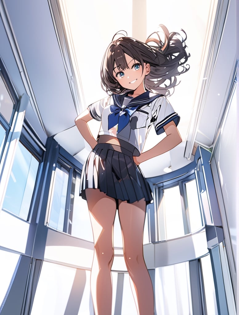 Masterpiece, Top Quality, 1 girl, black sailor suit, school uniform, school uniform, school, standing with legs spread, smirking, hands on hips, high definition, from below, Japan, summer dress, one piece, striking light