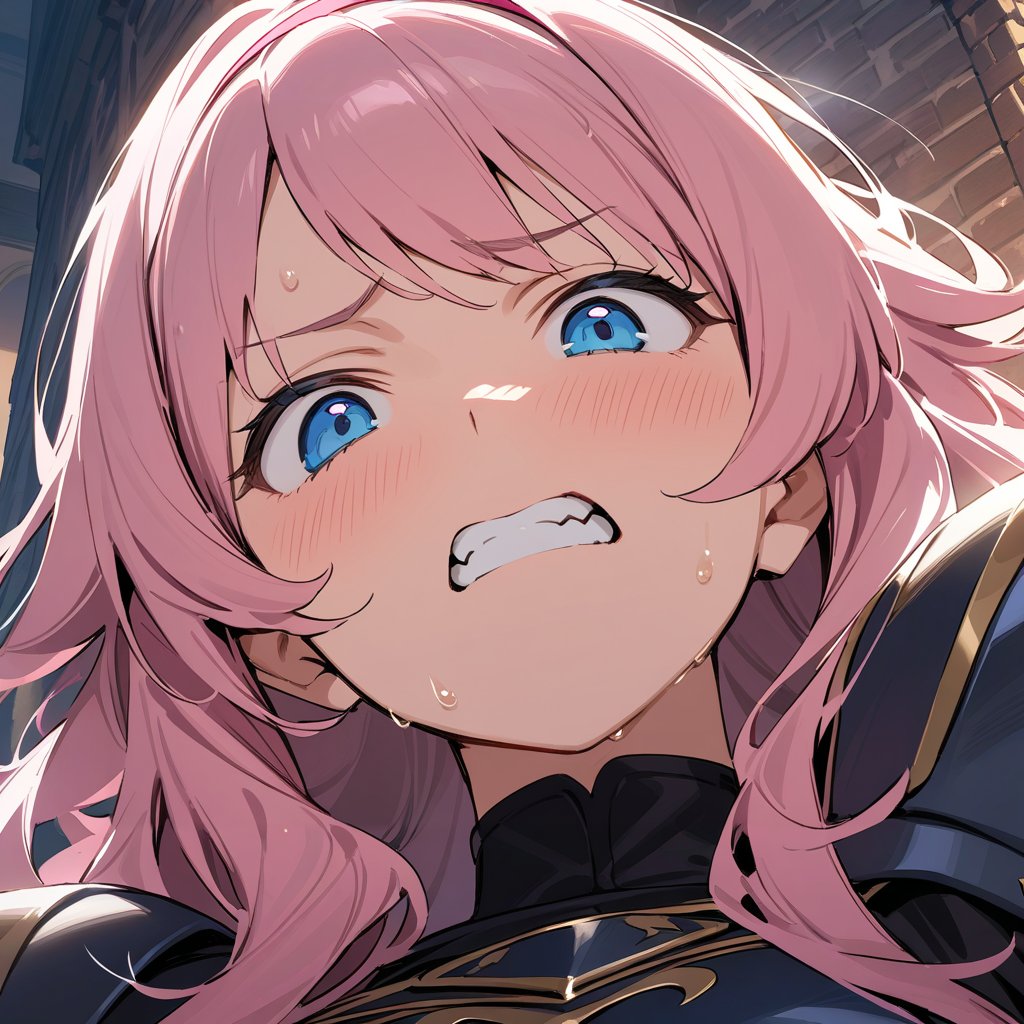 (Masterpiece, Top Quality), High Definition, Artistic Composition, 1 girl, pink wavy hair, hair band, armor, blue eyes, disgusted face, gritted teeth, sweating, close-up of face, from below, fantasy, brick building