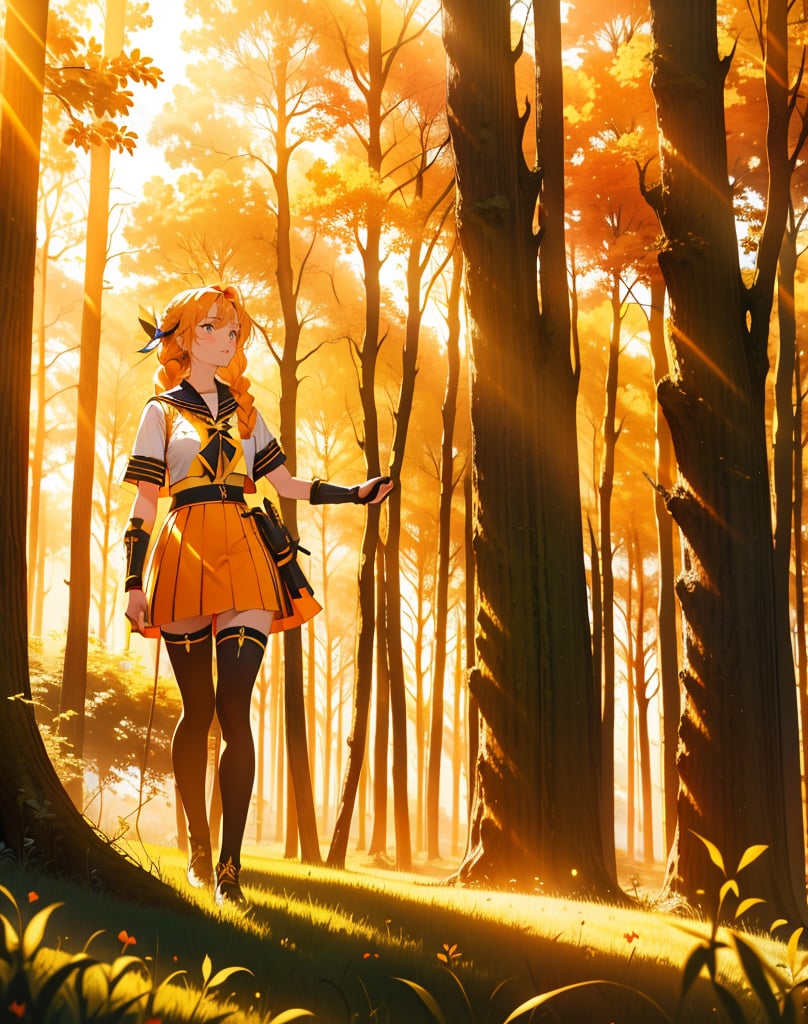 (masterpiece, top quality), high definition, artistic composition, 1 woman, yellow sailor-like battle dress, warrior, holding large stylish bow, woods, striking light, sunlight filtering through trees, high contrast, bold composition, orange hair, long braids, fantasy, stalking prey, ruins, black stockings