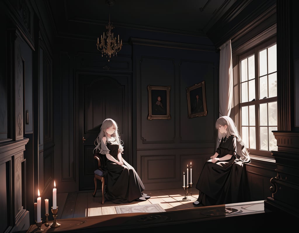 (masterpiece, top quality), high definition, artistic composition, 3 women, talking, scared, dark room, darkness, one candle, sitting, small room, ghost story,