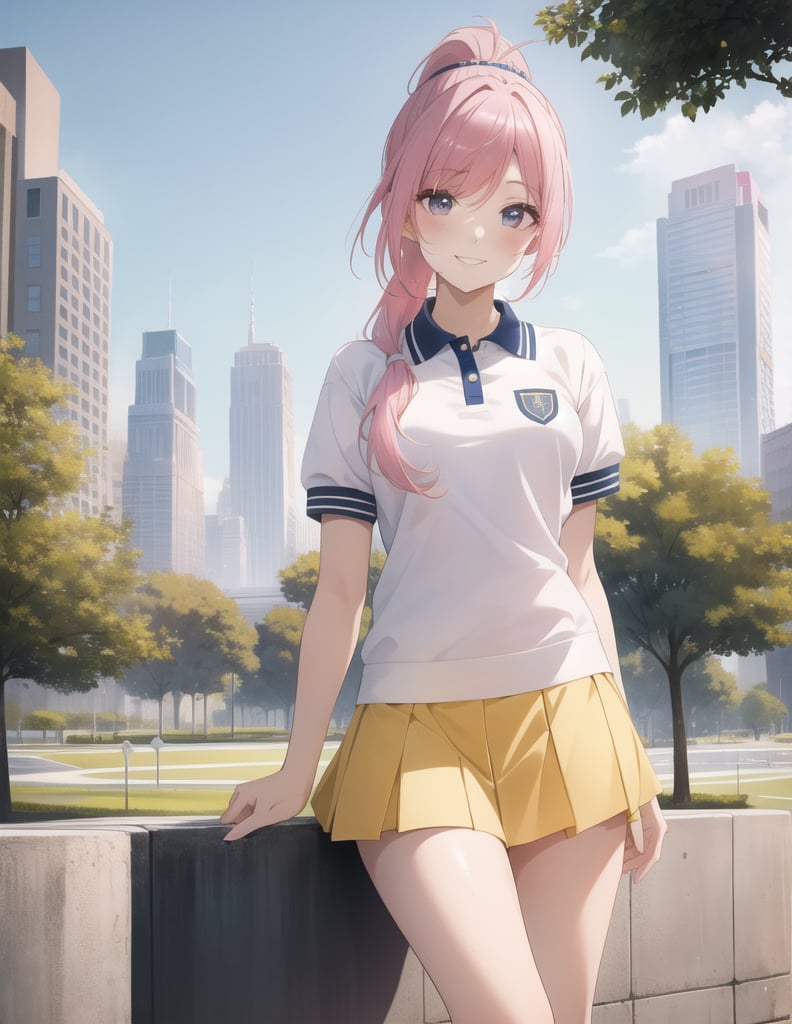 (Masterpiece, Top Quality), High Definition, Artistic Composition, 1 Woman, Pink Hair, Ponytail, White Polo Shirt, Yellow Miniskirt, Navy Blue Sneakers, Smiling, Feminine Pose, City Park, Portrait, Gravure, Full Length, Stylish, Healthy,