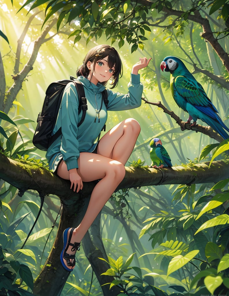 Masterpiece, Top Quality, High Definition, Artistic Composition, One girl, explorer, sitting, smiling, reaching, front composition, large backpack resting, jungle, green, parrot and parakeet flying, paradise, sunlight through trees
