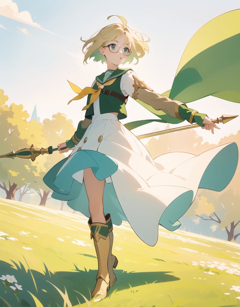 Masterpiece, Top Quality, High Definition, Artistic Composition,1 girl, green sailor-like battle dress, holding stylish spear, wind blowing, green meadow, short blond hair, gold-rimmed round glasses, warrior, fantasy, white and gold boots, bold composition, smiling,photograph,girl