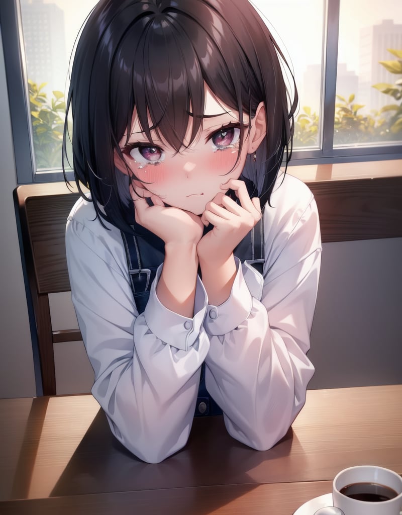 (masterpiece, top quality), high definition, artistic composition, 1 girl, black hair, pouting, tears, blushing, looking away, looking down, hands on table, holding coffee cup, top Top view, Dutch angle, Bob cut