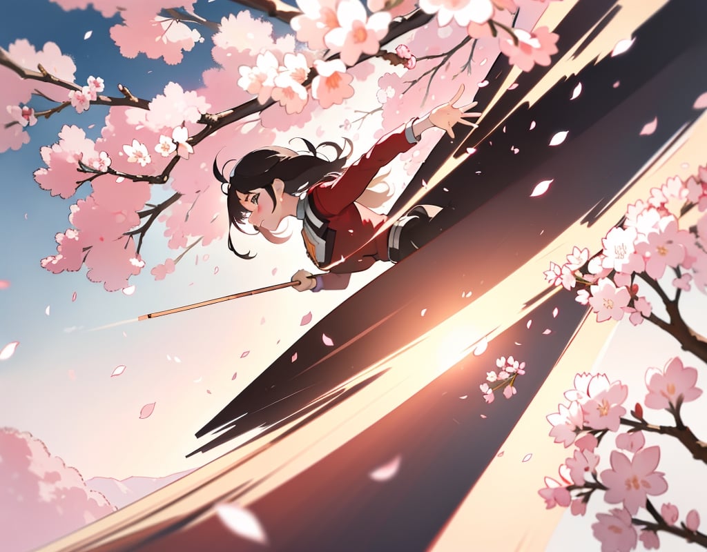 Masterpiece, top quality, machine, outdoors, forest of cherry trees underfoot, cherry blossoms in full bloom, dark colored mobile suit, dynamic pose, 18 meters, explosion in background, artistic oil painting sticks, battle, petals dancing,girl,photograph