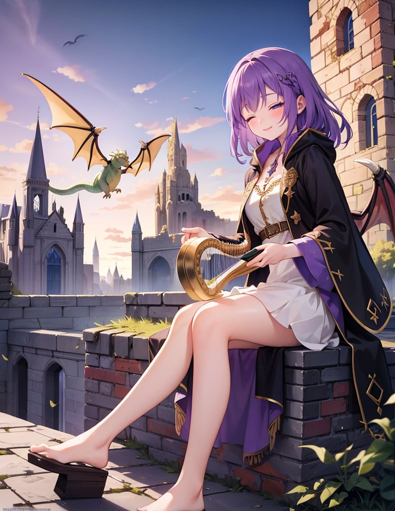 Masterpiece, Top Quality, High Definition, Artistic Composition,1 girl, wizard, beige robe, (playing Celtic harp with eyes closed), ruins, brick building, sitting on broken building, fantasy, smiling, striking, dramatic, (dragon flying in sky), bold composition, purple hair.