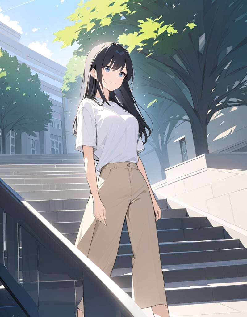 (masterpiece, top quality), high definition, artistic composition, 1 woman, college student, long black hair, college campus, college campus, white shirt, beige pants, descending stairs, talking, looking away, smiling, second bag, papers under arm, bright sunlight, large steps, outdoors, street trees, Stylish, large gestures