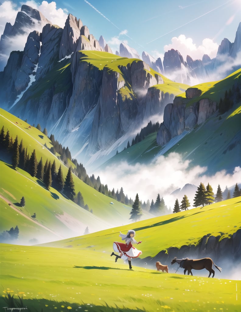 Masterpiece, Top quality, High definition, Artistic composition,1 girl, Swiss mountain pasture, Swiss national dress, Tracht, Appenzell, smiling, running with goats, beautiful nature, mountain slope, energetic, lively, motion blur, bold composition, striking light