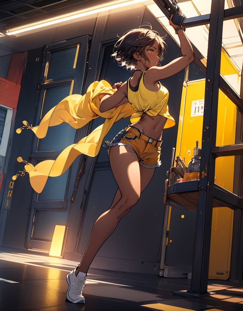 (masterpiece, top quality), high definition, artistic composition, 1 girl, brown skin, yellow tank top, navy blue shorts, holding pistol, reaching, action pose, looking away, twisting, short hair, spotlight, lively