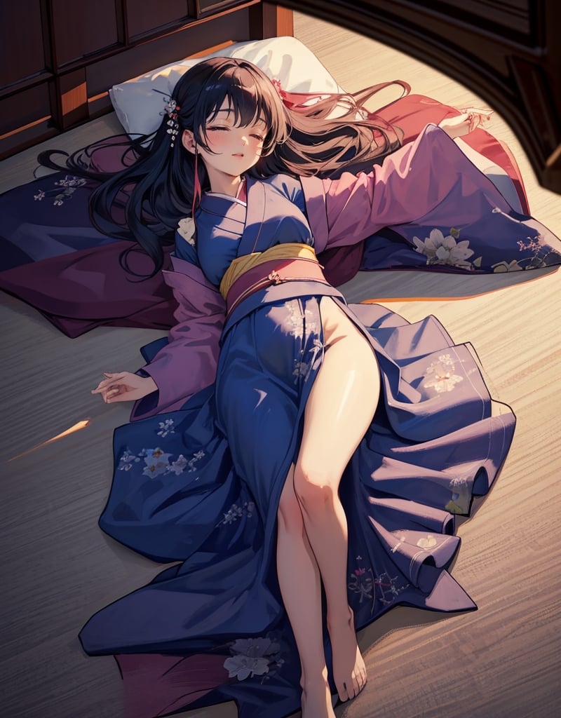  Masterpiece, best quality, high quality, artistic composition, one woman, anime, overhead shot, sleeping with eyes closed, resting, leaning back, mature, 18 years old, smile, casual fashion, Japan, high definition, cherry frame, portrait, wide shot, full body, lying on the ground,<lora:659111690174031528:1.0>