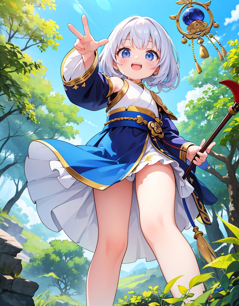 Masterpiece, Top quality, High definition, Artistic composition, One girl, Big smile, V-sign with right hand, Close-up of fingers, Powerful, Confident, Bold composition, From front, Chuckling, Reaching out, From below, Blue sky, Fantasy, Monk, Holding staff in left hand, Forest, Noh,chibi