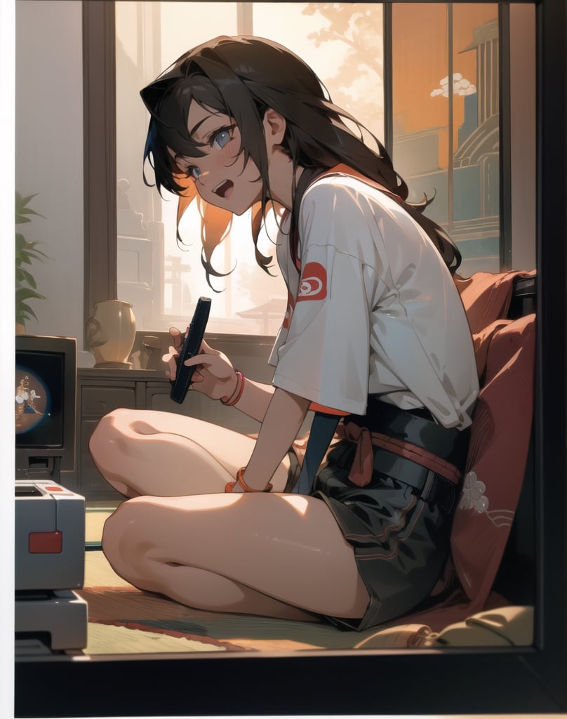 Masterpiece, Top Quality, High Definition, Artistic Composition,1 girl, Japanese living room, indian style, sitting, playing video game, NES, small CRT TV, dark room, portrait, gamepad in hand, open mouth smiling, 1990 Japan, from side , T-shirt, shorts, holding out gamepad