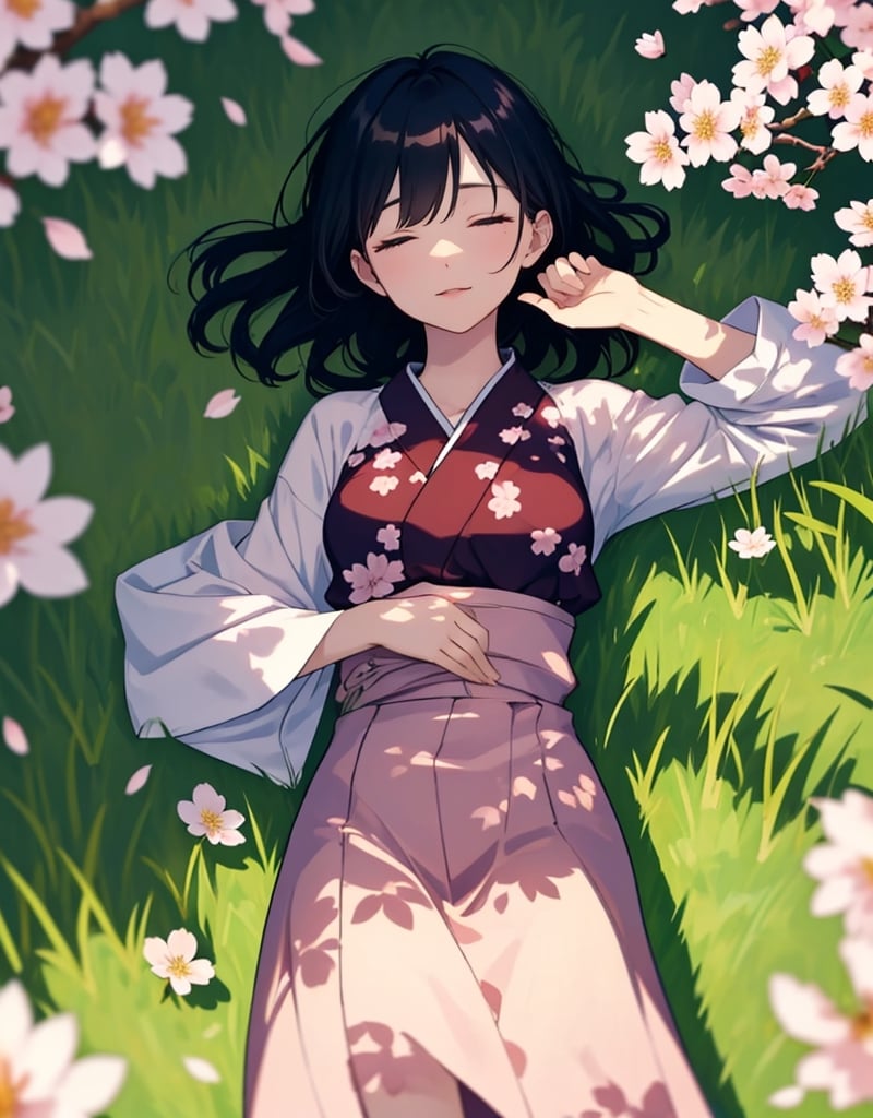  Masterpiece, top quality, high definition, artistic composition, one woman, animation, overhead shot, sleeping with eyes closed, resting, leaning back, mature, 18 years old, smile, casual fashion, Japan, high definition, cherry blossom frame, portrait, wide shot, grass, petals dancing, warm sunlight
,<lora:659111690174031528:1.0>