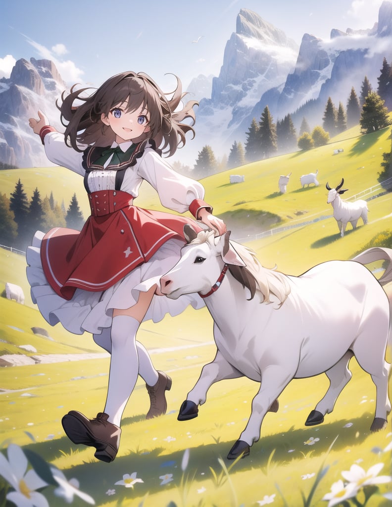 Masterpiece, Top quality, High definition, Artistic composition,1 girl, Swiss mountain pasture, Swiss national dress, Tracht, Appenzell, smiling, running with goats, beautiful nature, mountain slope, energetic, lively, motion blur, bold composition, striking light