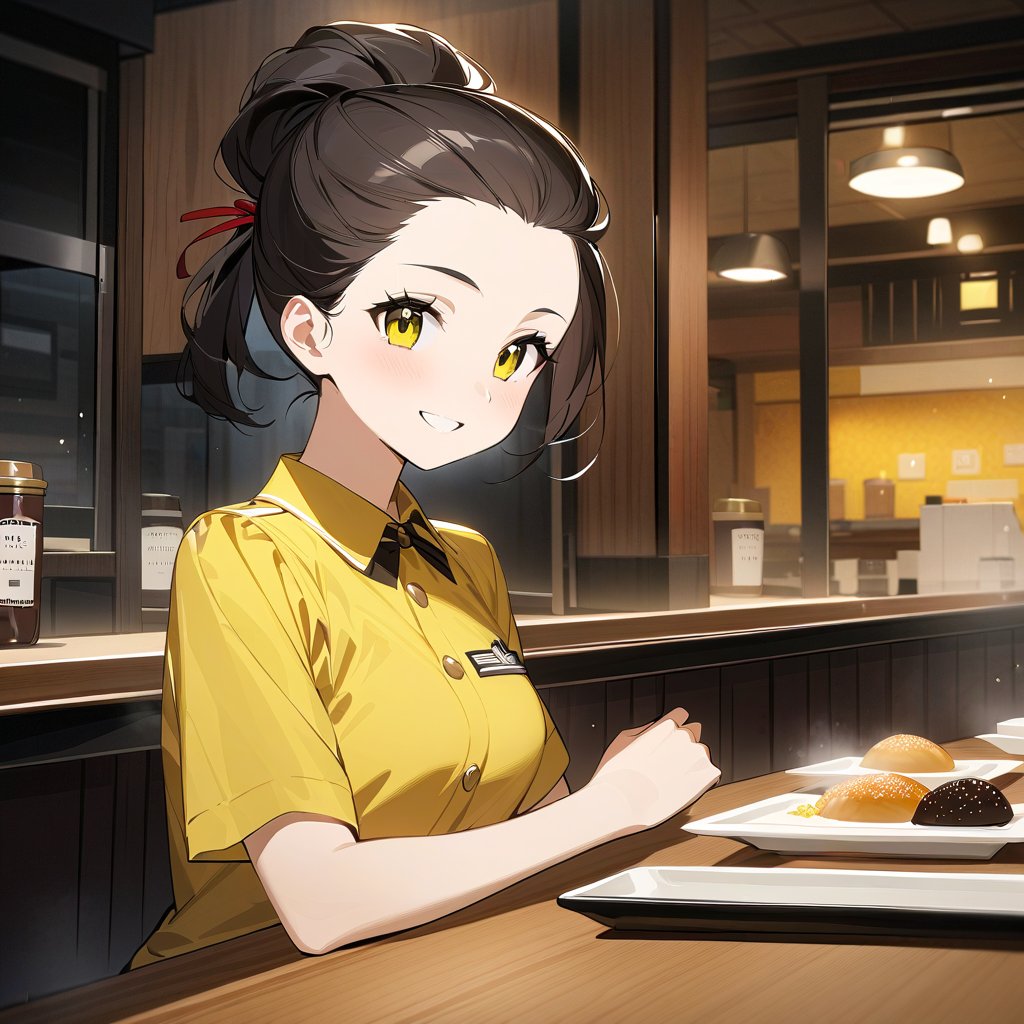 (masterpiece, top quality), high definition, artistic composition, 1 girl, dark hair, hair tied back, on duty at a family restaurant, smiling, Japanese family restaurant, coffee offered on table, green and yellow uniform, cute costume,