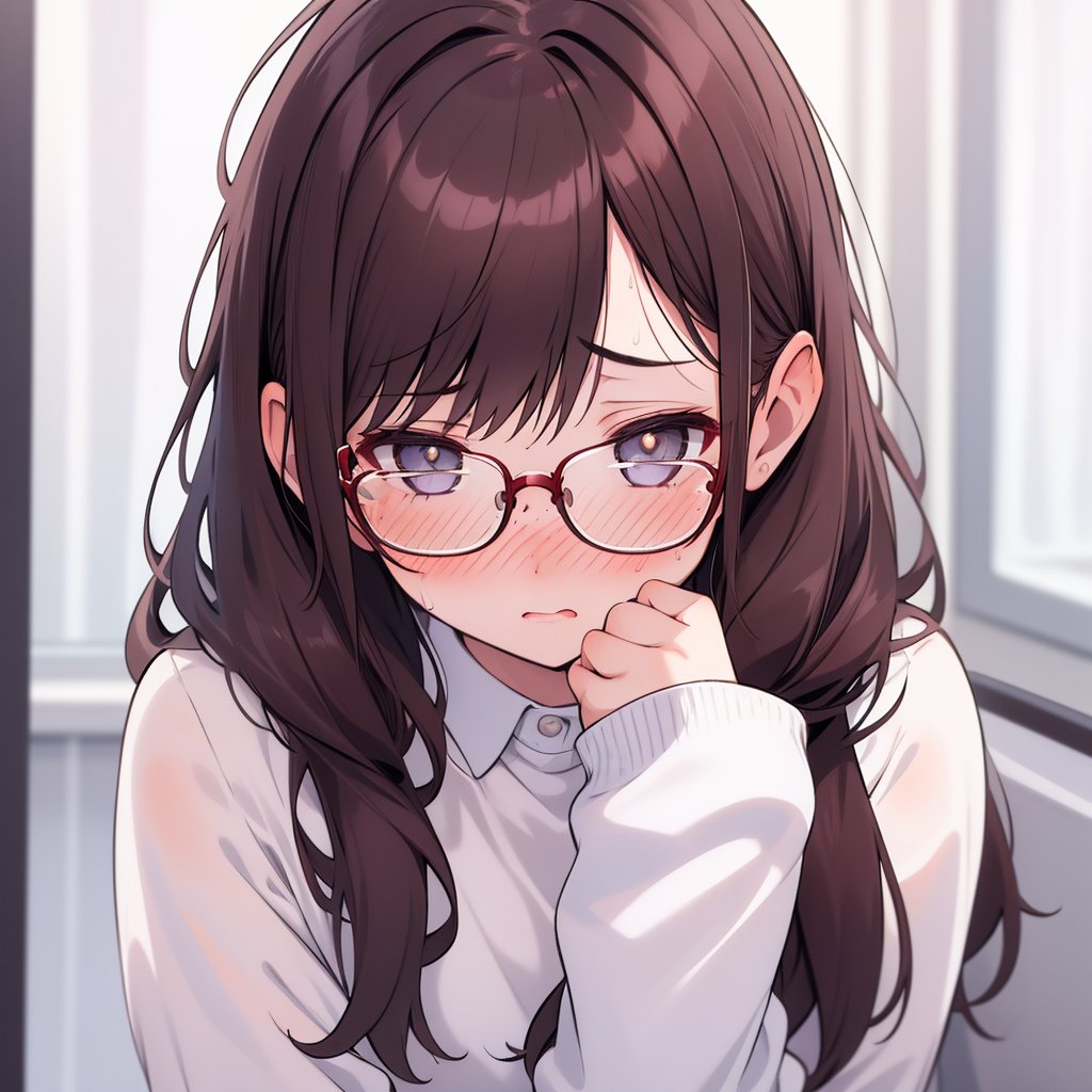 (masterpiece, top quality), high definition, artistic composition, 1 girl, nose blush, close-up of face, POW, panicked, embarrassed, glasses, freckles, dark hair, long bob, messy hair, sweat, hand covering face, somber casual fashion, park, dramatic, Dutch angle