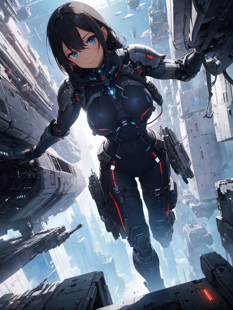 Masterpiece, Best Quality,1 female, weightless, floating, mechanical armor, sexy, gun in hand, spaceship factory in space, space view from inside, dark background, no earth, photo, futuristic, high definition, looking up, artistic composition, science fiction, cyberpunk,breakdomain