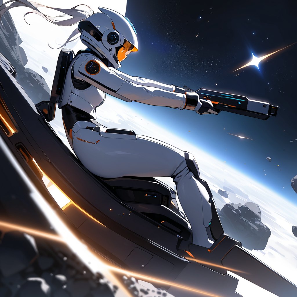 (masterpiece, top quality), high definition, artistic composition, 1 woman, white space suit, aboard a humanoid machine with arms and legs, open cockpit, floating in space, from side, piloting, asteroid, many small rocks floating, from side, looking away, striking light, dark space, near future, Dutch angle