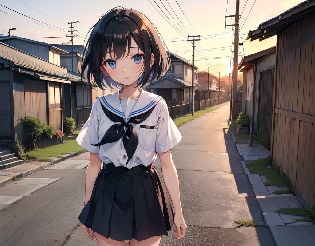 Masterpiece, top quality, high definition, artistic composition, anime, 1960s Japan, downtown, sunset, dirt road, wooden telegraph pole, empty lot, little girls talking and walking, leaving school, school road, shadow extending on ground, bold composition, everyday life, striking light, Showa era landscape
