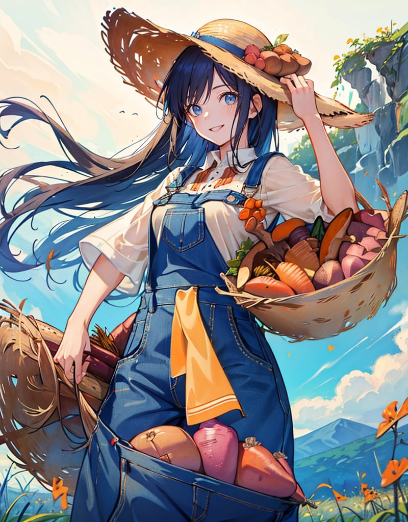 (masterpiece, top quality), high definition, artistic composition, 1 girl, smiling, harvesting sweet potatoes, denim overalls, beige innerwear, straw hat, sweet potato field, blue sky, nature, from below, sweet potato and vine in hand