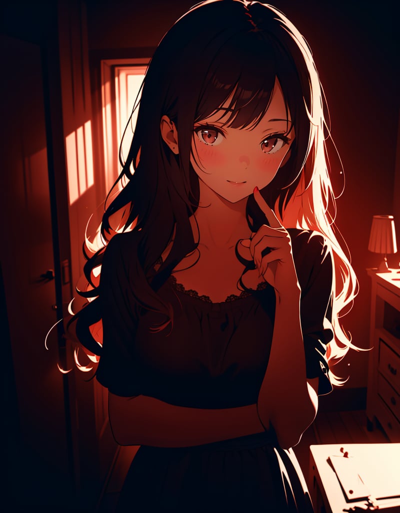 Masterpiece, Top Quality, High Definition, Artistic Composition, One Girl, Bust Shot, Squinting, Chuckling, (index finger in front of mouth), Dark Room, Bedroom, Low Color Temperature, Backlight, Impressive Light, Simple Dress, Long Wavy Hair, POW