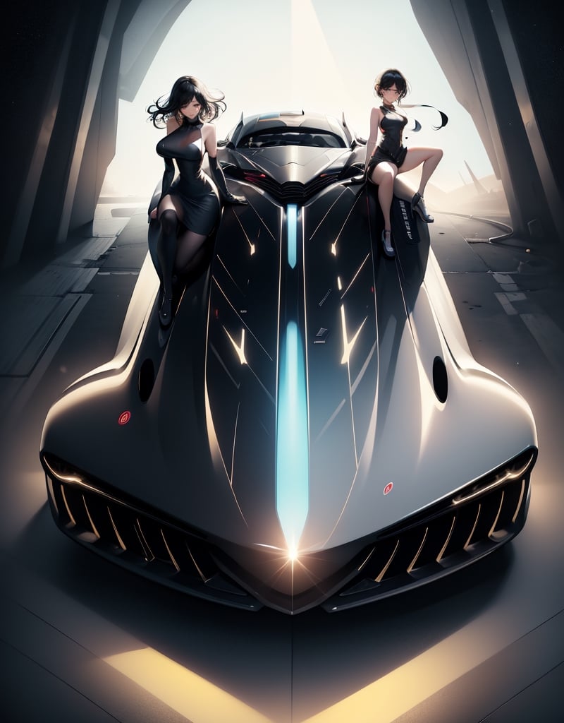 Masterpiece, Top Quality, High Definition, Artistic Composition, One Woman, Futuristic Dress, Stylish, Futuristic Sports Car, Concept Car, Sitting On Hood, Front Composition, Backlight, Impressive Light, Science Fiction, Electric Car, Dark Background, Motorsports