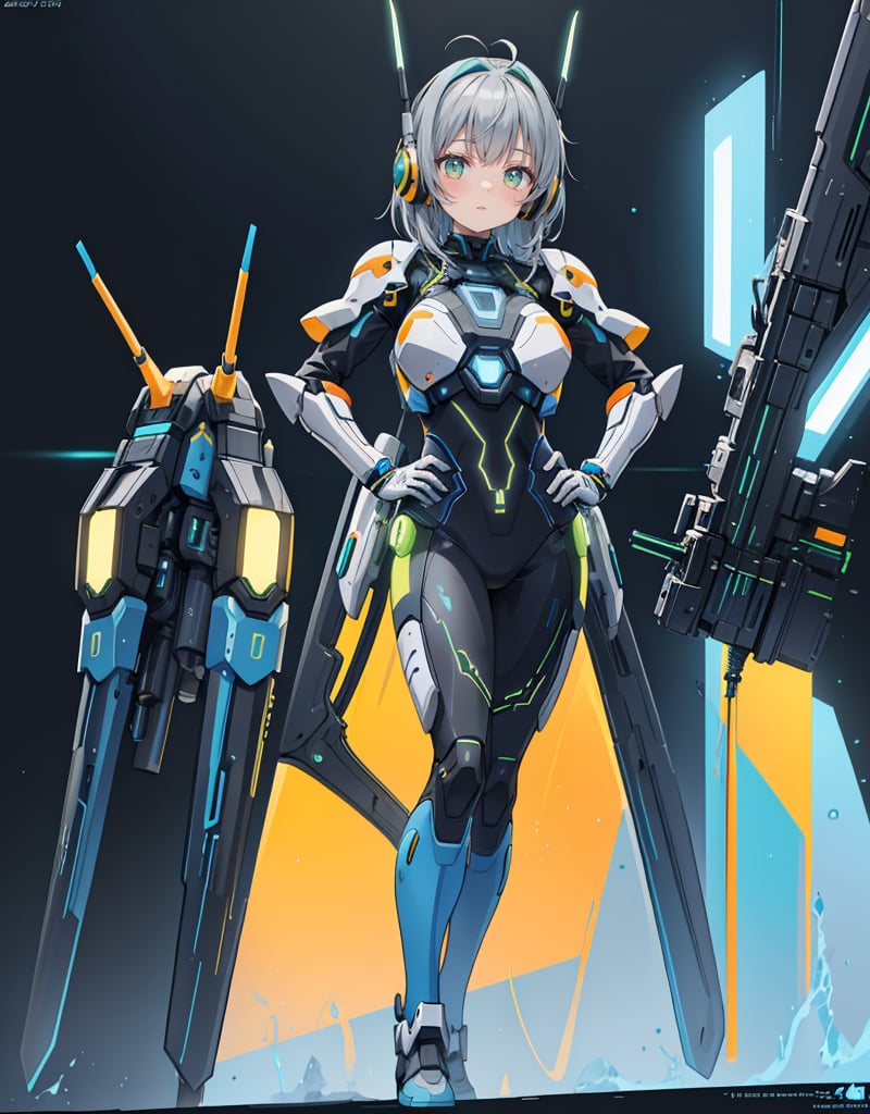 Masterpiece, Top Quality, High Definition, Artistic Composition, 1 girl, standing, one hand on hip, model pose, smiling, blue science fiction movie pilot suit, blue base color, yellow-green assorted colors, orange accent color, all gray background, Japanese anime style, headset with blade antennae, android-like armored parts,