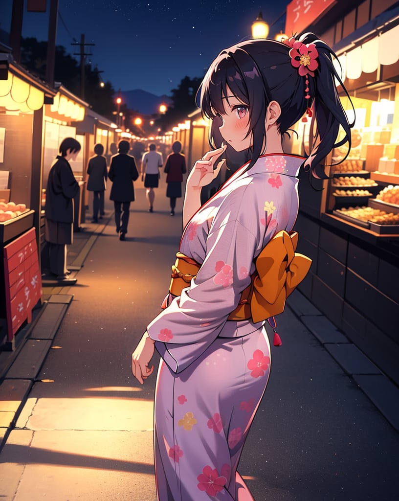 (Masterpiece, Top Quality), High Definition, Artistic Composition, 1 female, Embarrassed, Girlish Gesture, Walking, From Above, From Side, Looking Away, Blushing, Inverted Ponytail, Yukata, Walking, Night, Festival, Dark, Talking, Head Up, Kanzashi