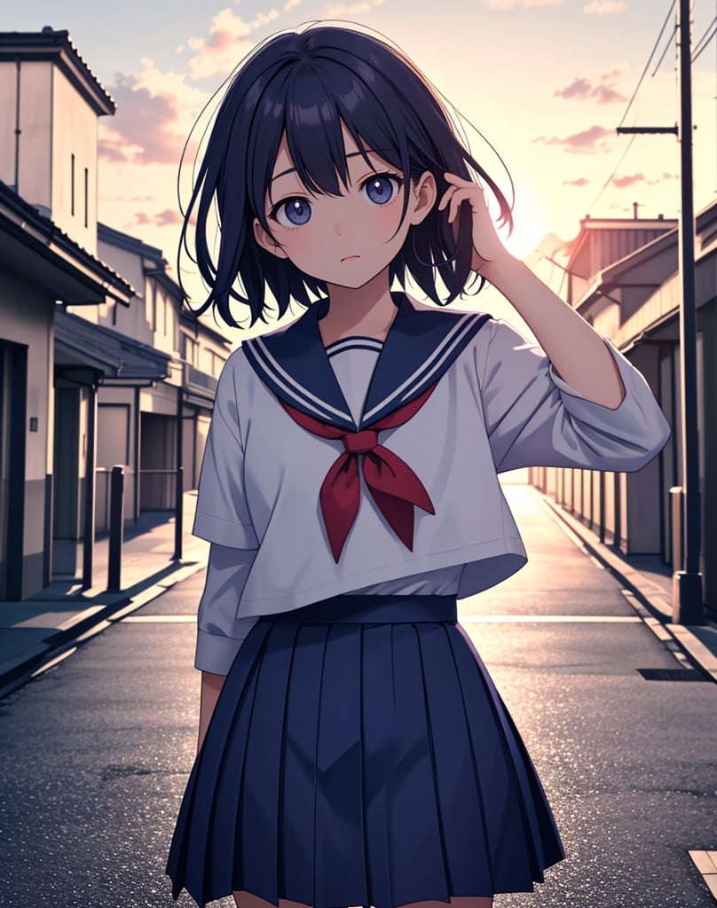  Masterpiece, Top Quality, High Definition, Artistic Composition, 1 girl, sailor uniform, school uniform, Japan, school uniform, worried, bust shot, hand held out in front, backlight, striking sky color, crouching, peeking, Japanese street scene, from front,<lora:659111690174031528:1.0>
