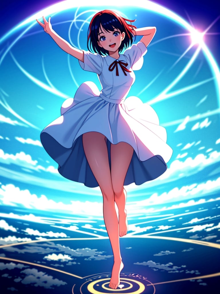 Masterpiece, Top Quality, 1 girl, flying, smiling with mouth open, magic circle, white dress, hand out, barefoot, beautiful nature, retro cityscape, fisheye lens, high definition, artistic composition, composition from above, close-up of feet, full body, action pose, big red ribbon, blurred distant view, motion blur, dancing white light,masterpiece,<lora:659111690174031528:1.0>