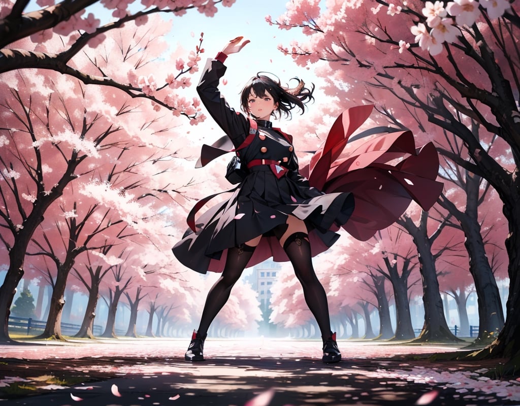 Masterpiece, top quality, machine, outdoors, forest of cherry trees underfoot, cherry blossoms in full bloom, dark colored mobile suit, dynamic pose, 18 meters, explosion in background, artistic oil painting sticks, battle, petals dancing,girl,photograph