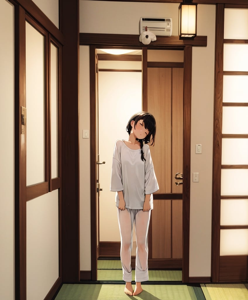Masterpiece, Top Quality, High Definition, Artistic Composition, 1 girl, loungewear, bedroom, standing with door open, morning, sleepy, portrait, urban, Japan, sleepyhead, looking at me, scratching head with hand, mature, full body, backlight