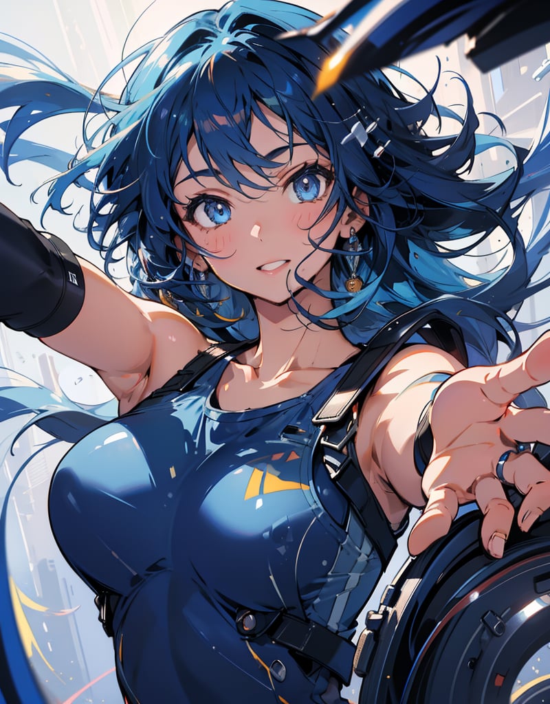 Masterpiece, Top Quality, High Definition, Artistic Composition, 1 girl, smiling with mouth open, pointing towards, close-up of fingertips, light blue tank top, bold composition, reaching out, dark blue hair