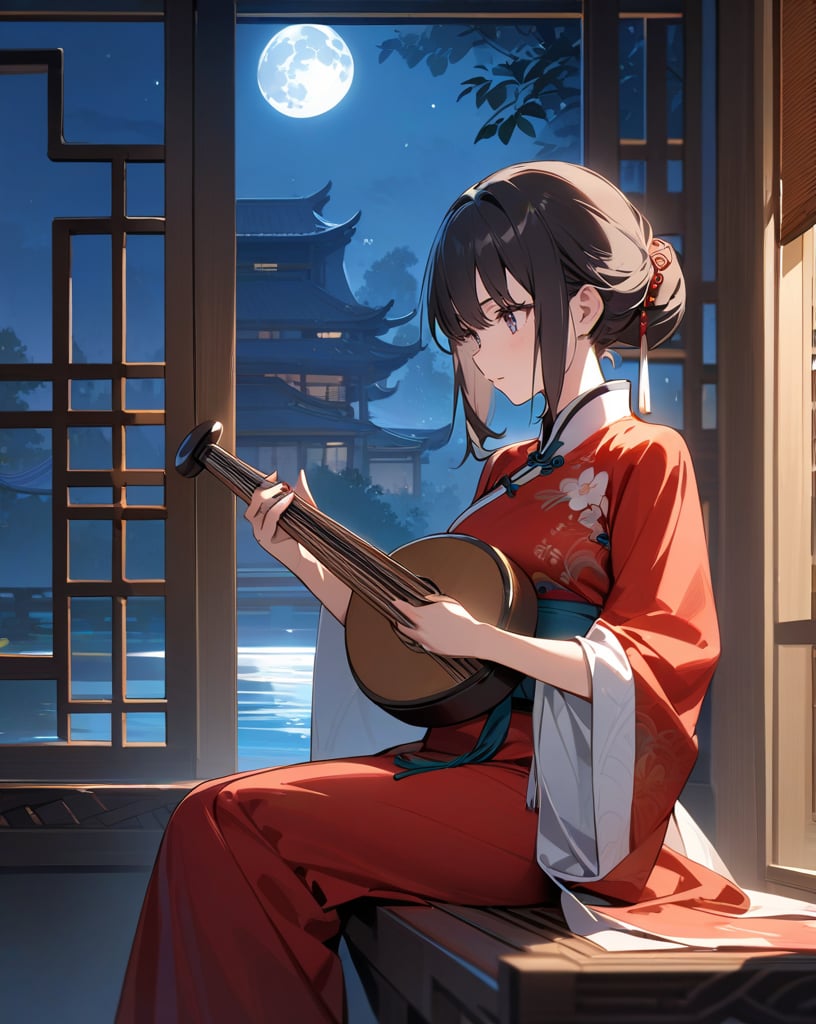 (masterpiece, top quality), high definition, artistic composition, 1 girl, Chinese traditional clothes, playing Chinese folk instrument, looking away, calm face, relaxing, Chinese wooden architecture, sitting by window, night, full moon reflected on water