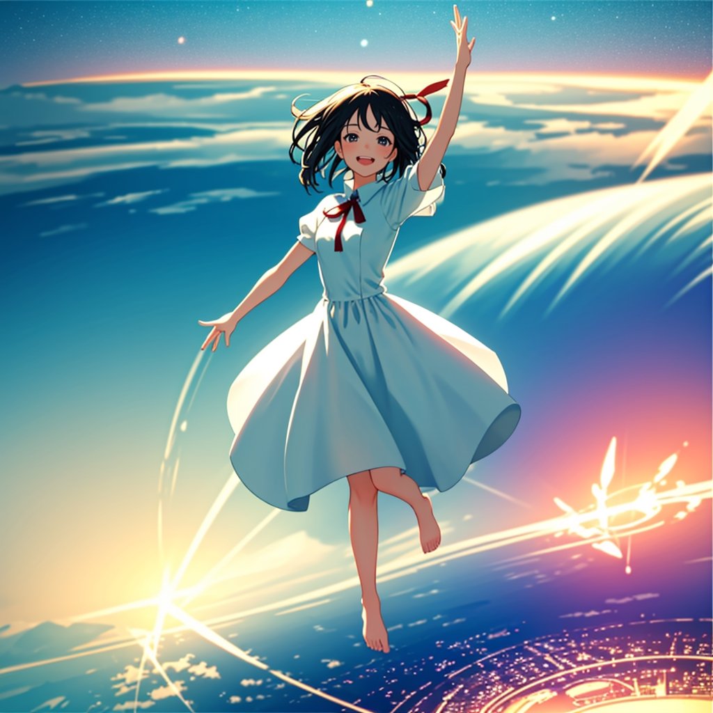Masterpiece, Top Quality, 1 girl, flying, smiling with mouth open, magic circle, white dress, hand out, barefoot, beautiful nature, retro cityscape, fisheye lens, high definition, artistic composition, composition from above, lying back down, action pose, big red ribbon, blurred distant view, motion blur, dancing white light, full body, focus on feet,<lora:659111690174031528:1.0>