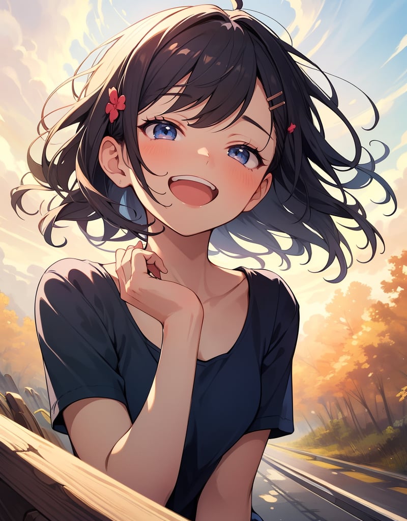 (masterpiece, top quality), high definition, artistic composition, 1 girl, hands folded behind her back, bending forward, looking up, composition from above, squinting, open mouth smile, spinning around, looking at me, focus on face, blue shirt, big hairpin, little girl, road, portrait, Dutch angle, nasty smile