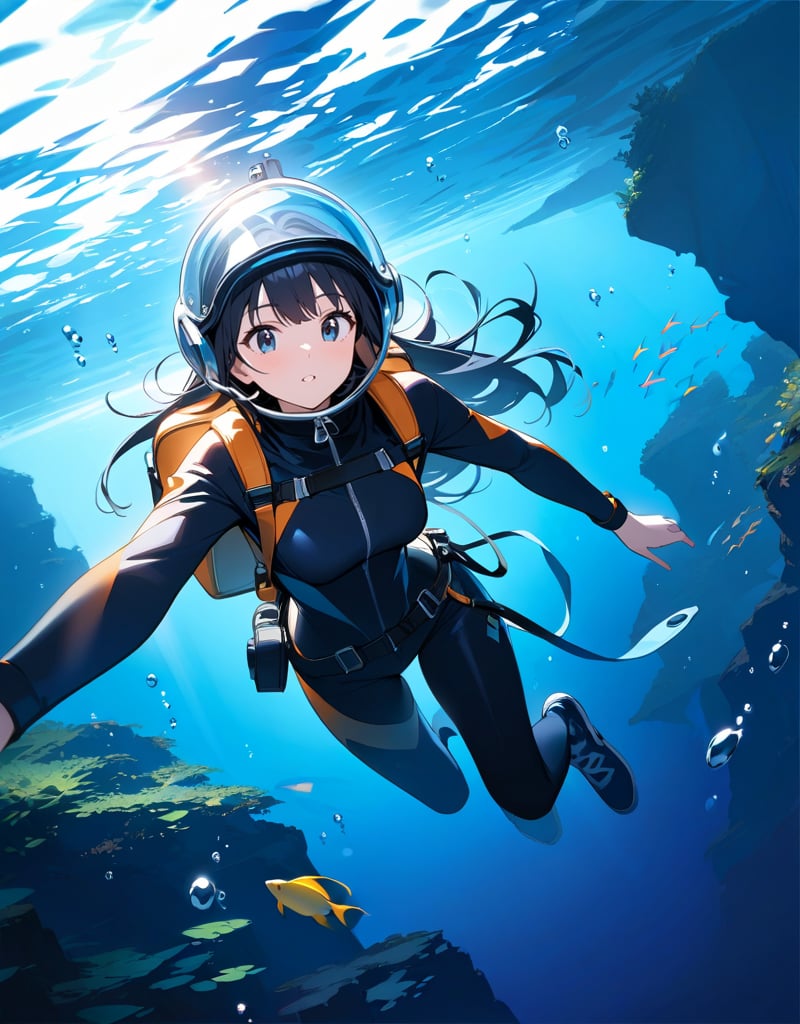 (masterpiece, top quality), high definition, artistic composition, 1 girl, retro diving suit, large glass helmet, underwater, exploring, beautiful seascape, striking light