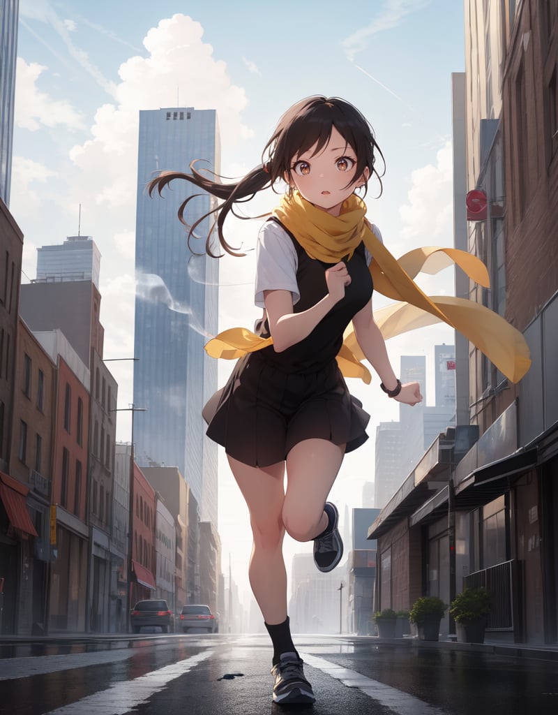 (masterpiece, top quality), high definition, artistic composition, 1 girl, leaning forward, running, action pose, long yellow scarf blowing in the wind, hair tied on head, skyscraper city, ruins, broken road, cloudy, dark, dramatic, smoking