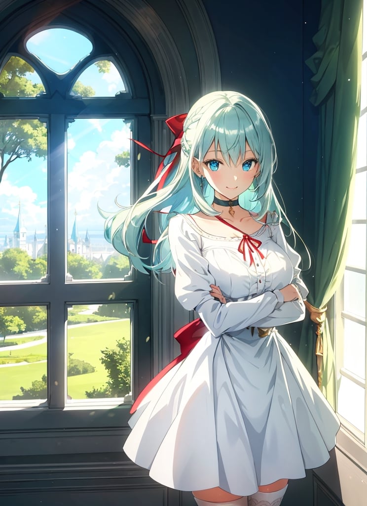 Masterpiece, best quality, 1 girl, gentle smile, light on body, white and blue dress, short skirt, white stockings, anime style fantasy, black and gold choker, red ribbon, light green hair, long hair, blue eyes, fair skin, fantasy, palace, big window behind, standing by window, hands together in front of body, light makes clothes transparent, green outside, blue sky, high definition, artistic angle, backlight, sexy, hair tied