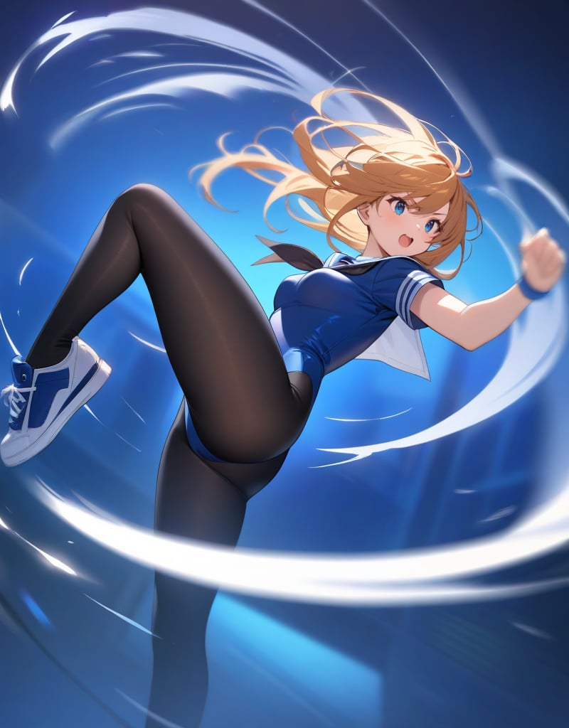 (Masterpiece, Top Quality), High Definition, Artistic Composition, 1 girl, spinning, jumping, action pose, twisting, brave, hair dancing in wind, sailor uniform, school uniform, big catsuit, lively, dark background, blurred background, black pantyhose, blue sneakers