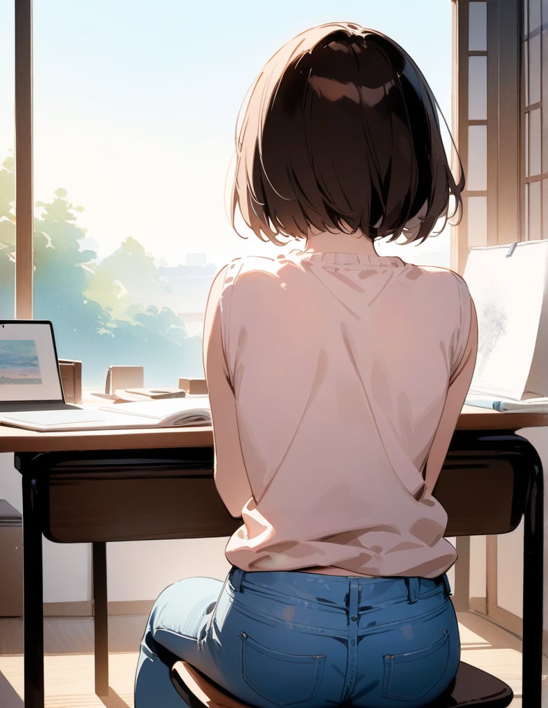 Masterpiece, Top Quality, High Definition, Artistic Composition,1 girl, short hair, drawing manga at study desk, back view, Japanese housing, jeans, trainers, watercolor style, pastel tones, from behind, looking away, back, sitting on wooden chair, chestnut hair, face not visible